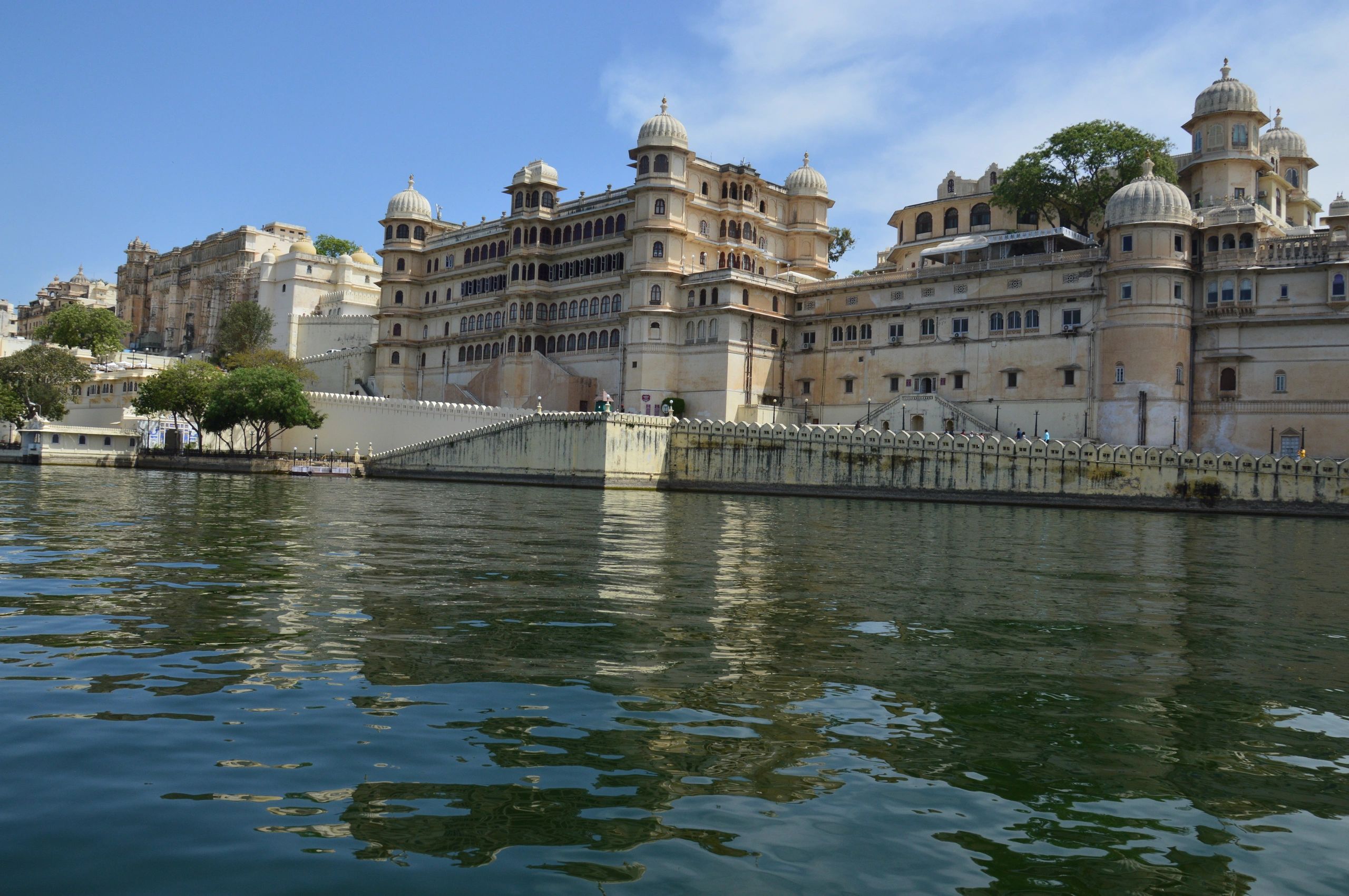 Scenic waterfront city view in India with historic architecture